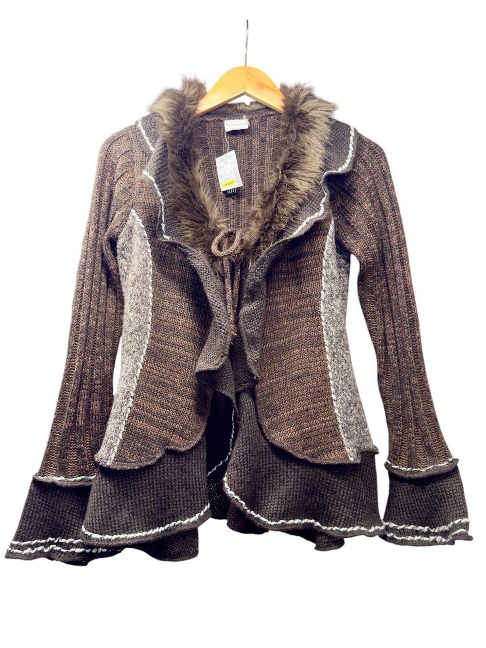 NWT Sioni Whimsigoth Faux Fur Ruffle Knit Cardigan Sweater Large Y2K Boho
